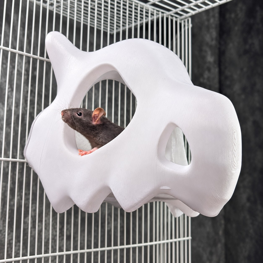 Gothic Skull Rat Hide & Hanging Nest: rat peeking through the opening of a white skull hideout