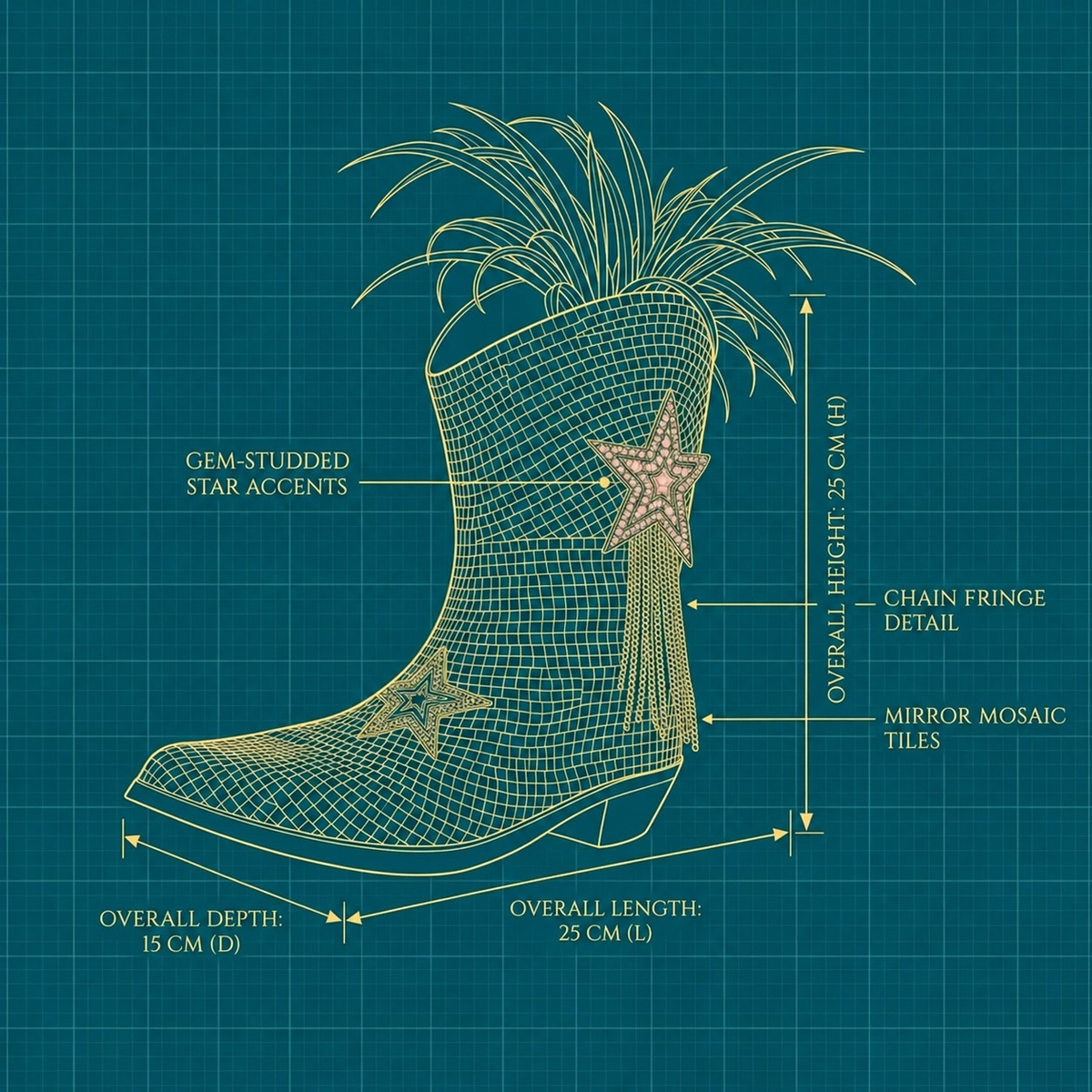 Cowboy boot planter diagram showing 25 cm height, 25 cm length and 15 cm depth