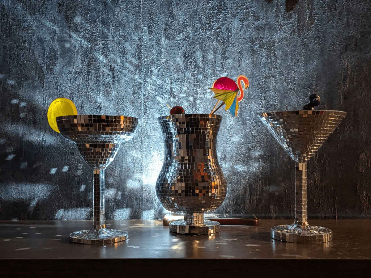 Disco Ball Cocktail Glassware Set — detail shot — mirror tile texture