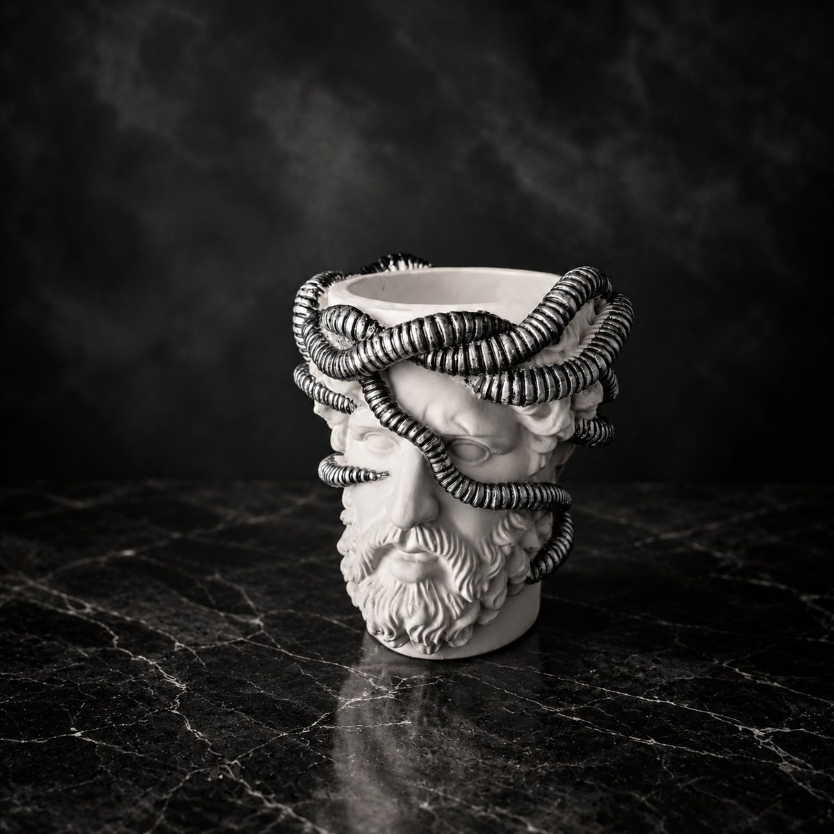 Three quarter studio view of Aristotle.exe cast stone plant pot