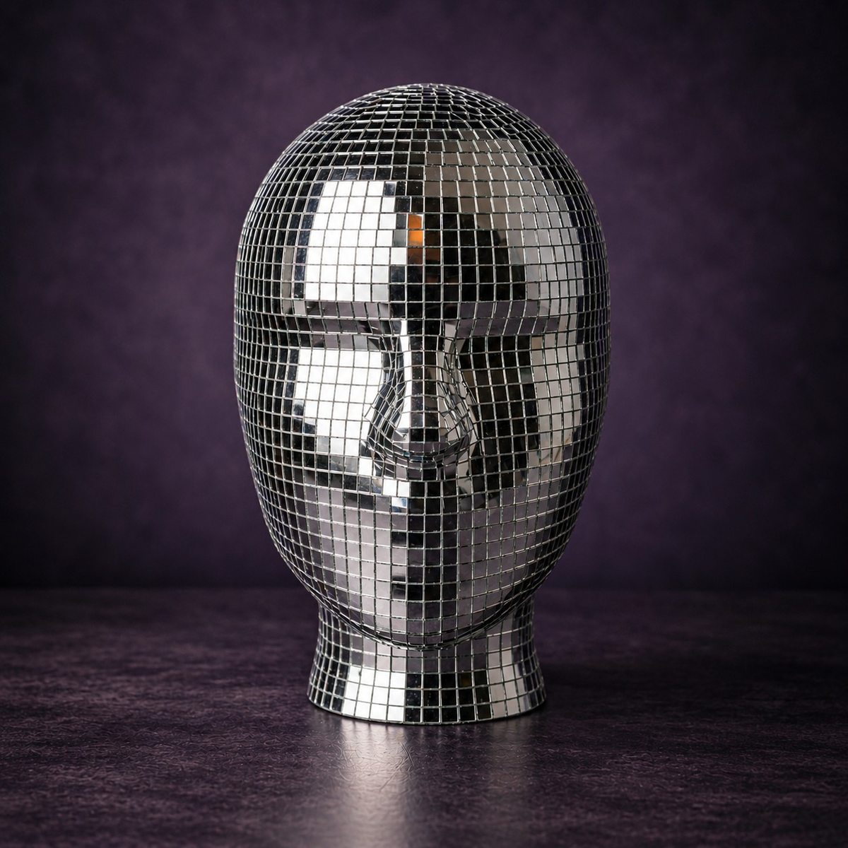 Disco Ball Mannequin Head front view on a moody purple studio backdrop