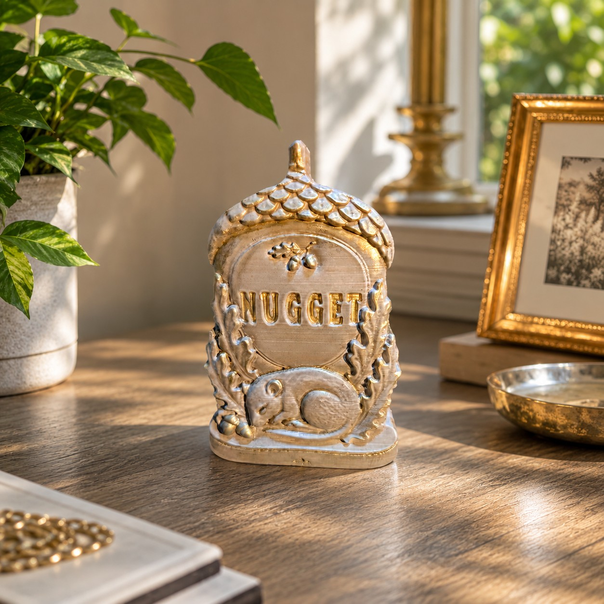 Personalised Acorn Grave Marker, acorn-shaped pet grave marker displayed on a wooden table