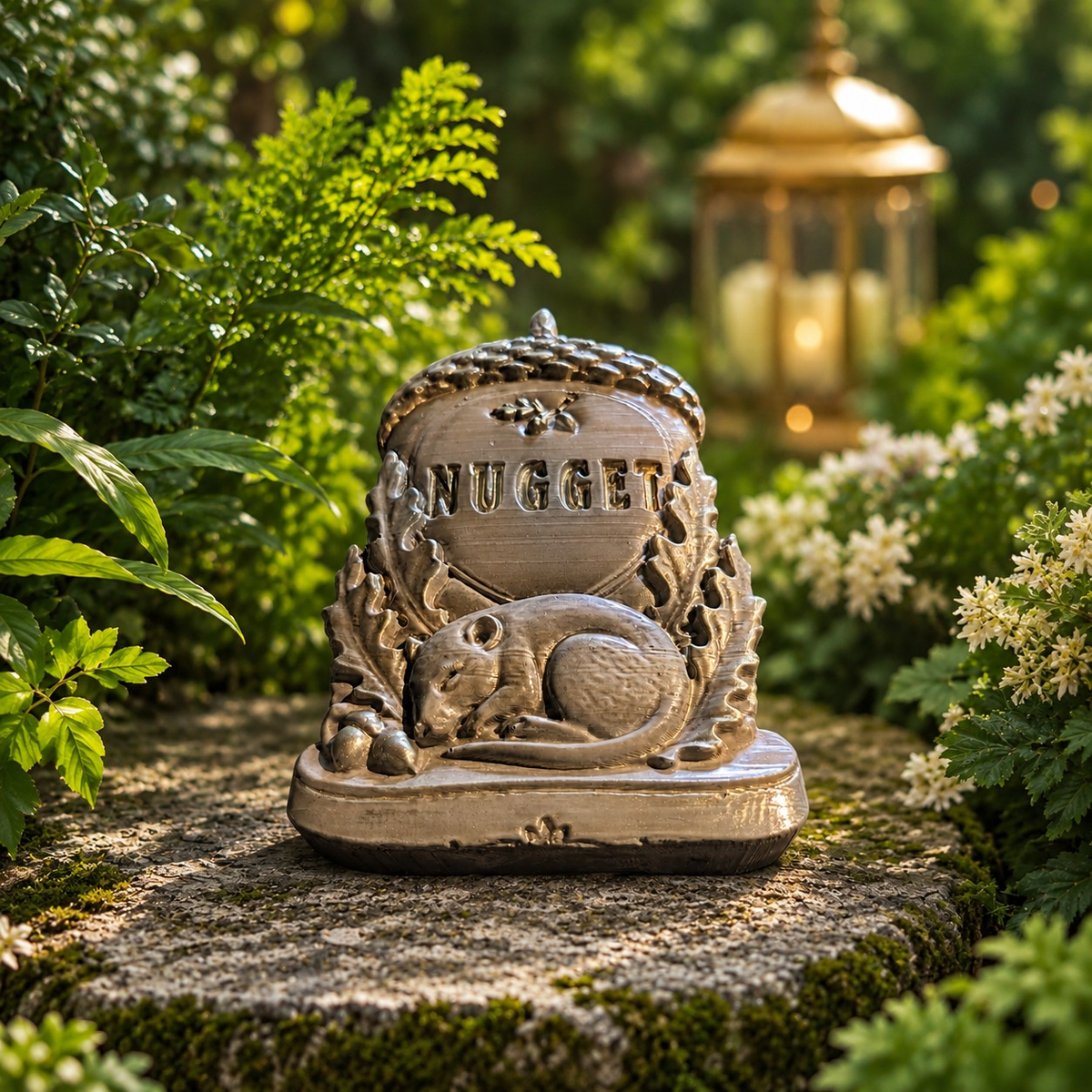 Personalised Acorn Grave Marker, front view of an acorn grave marker among garden plants