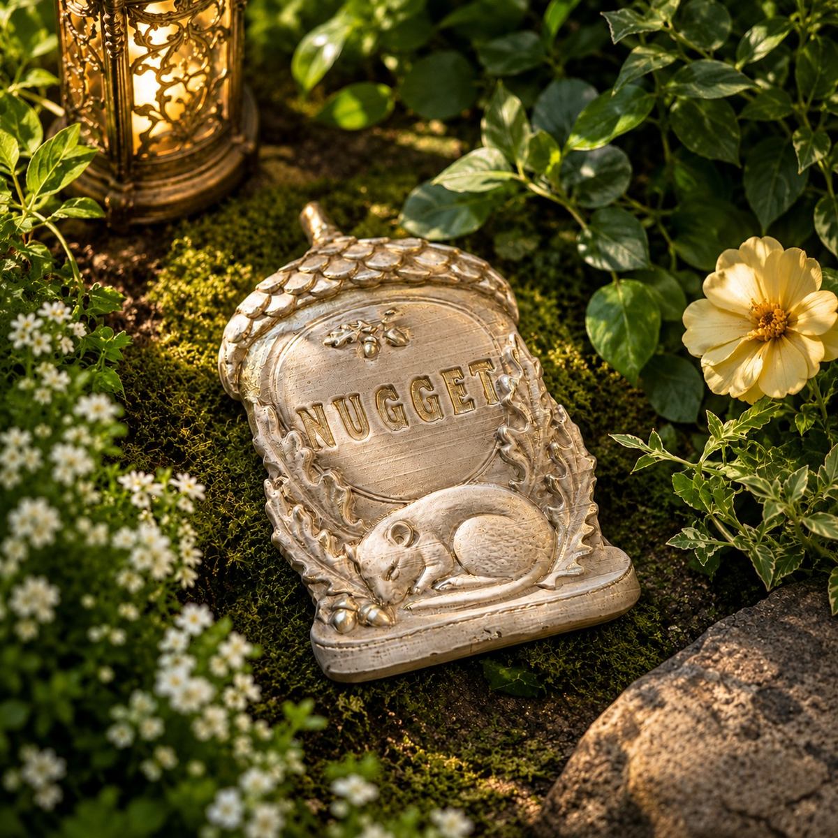 Personalised Acorn Grave Marker, acorn grave marker tilted among moss and flowers