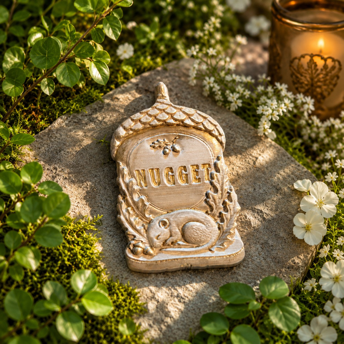 Personalised Acorn Grave Marker, acorn grave marker resting flat among garden plants