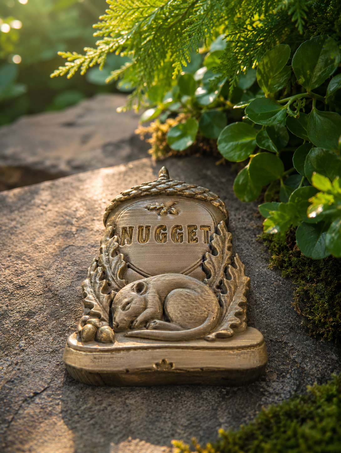 Personalised Acorn Grave Marker, front view of a personalised acorn marker in greenery