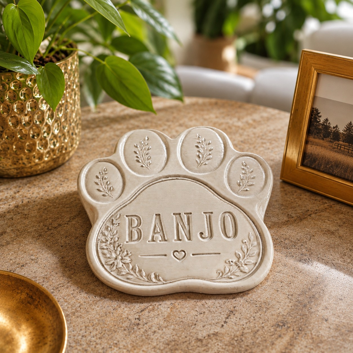 Personalised Paw Grave Marker, paw-shaped grave marker with personalised lettering beside framed photos