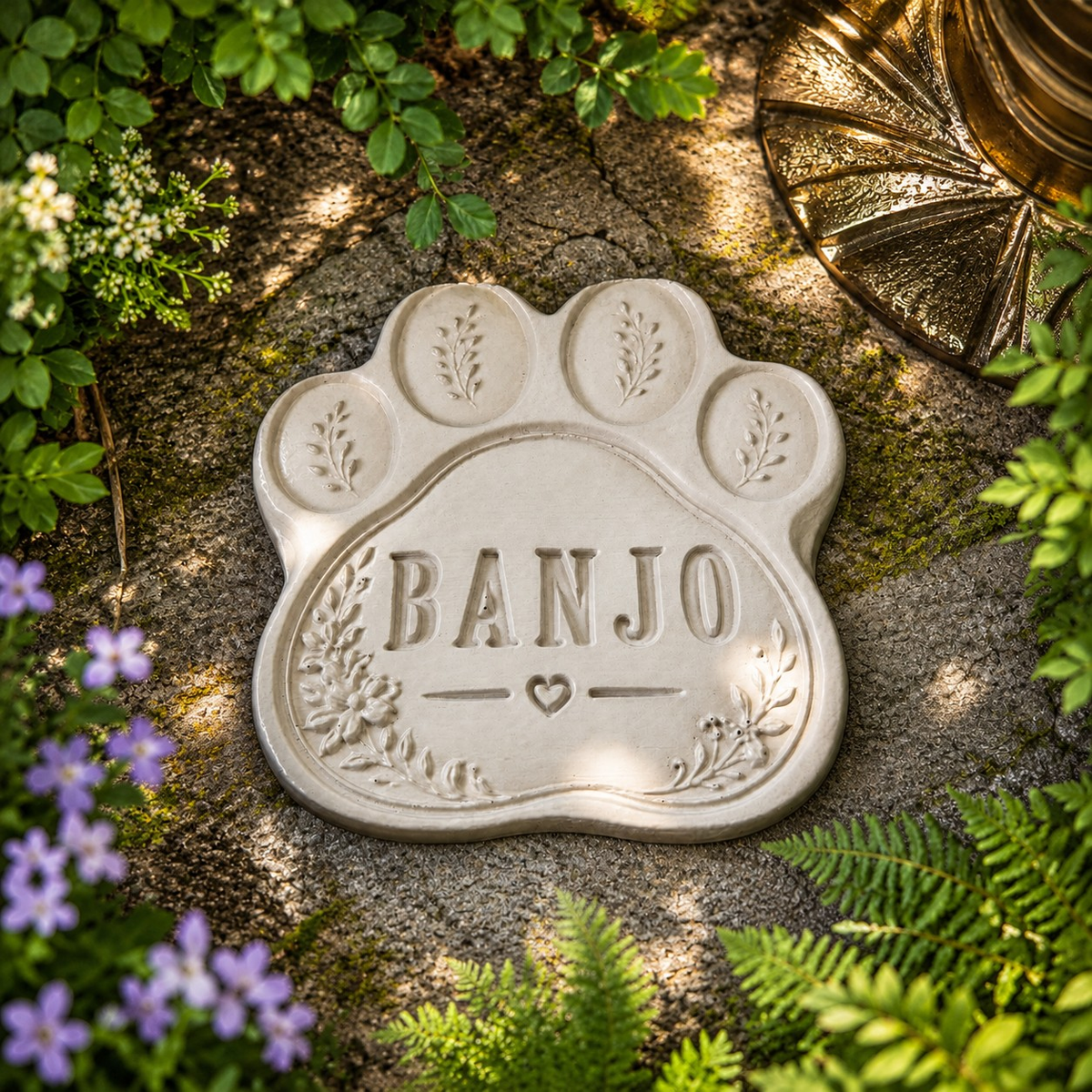 Personalised Paw Grave Marker, paw-shaped grave marker among garden flowers