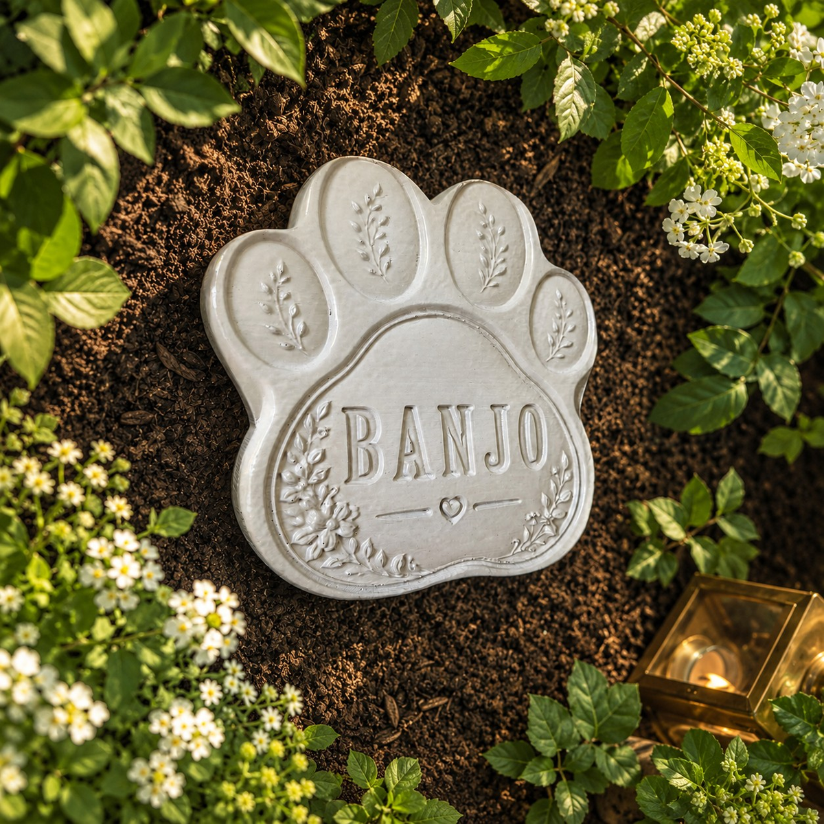Personalised Paw Grave Marker, front view of a personalised paw marker among greenery