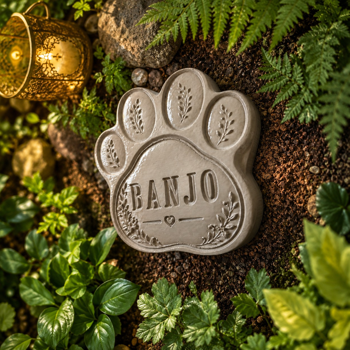 Personalised Paw Grave Marker, close view of a paw marker placed among plants