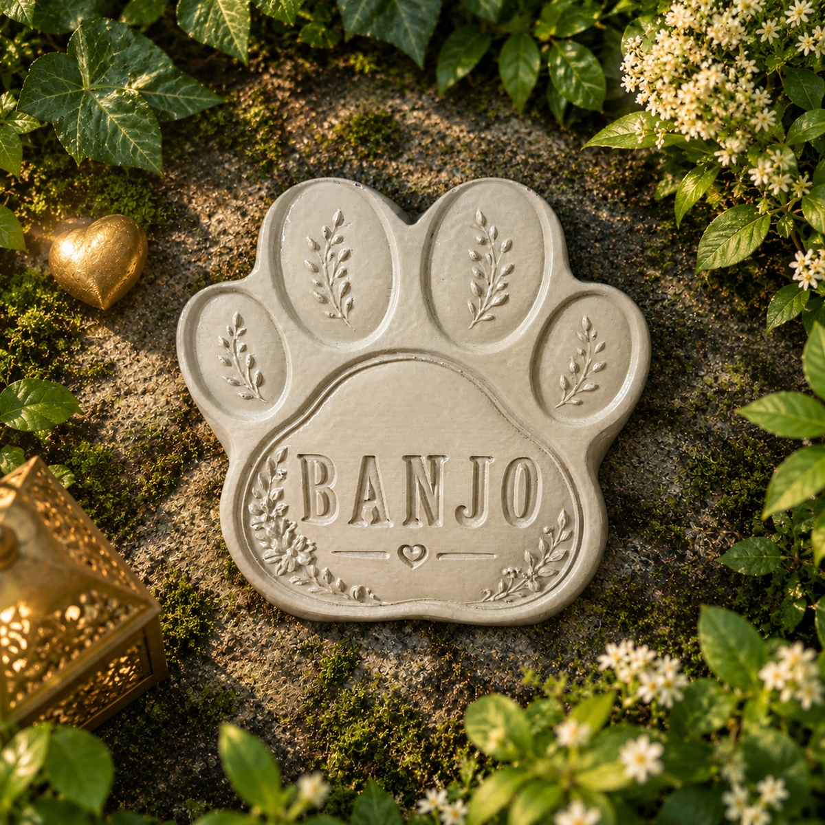 Personalised Paw Grave Marker, overhead view of a paw-shaped grave marker in a garden