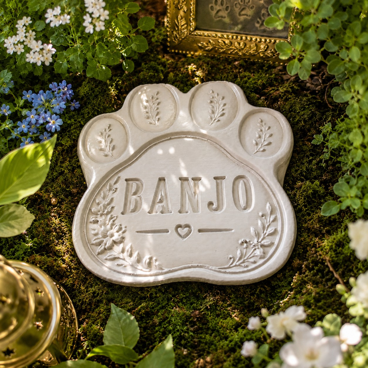 Personalised Paw Grave Marker, angled view of a paw marker among garden plants