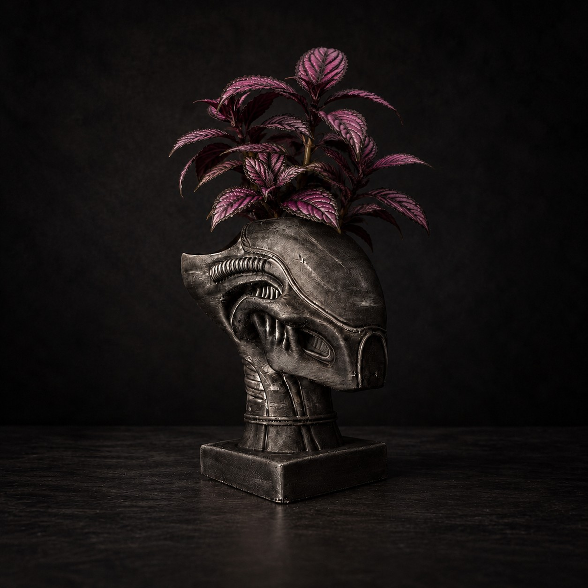 Xenophyte sci fi head plant pot shown from front angle