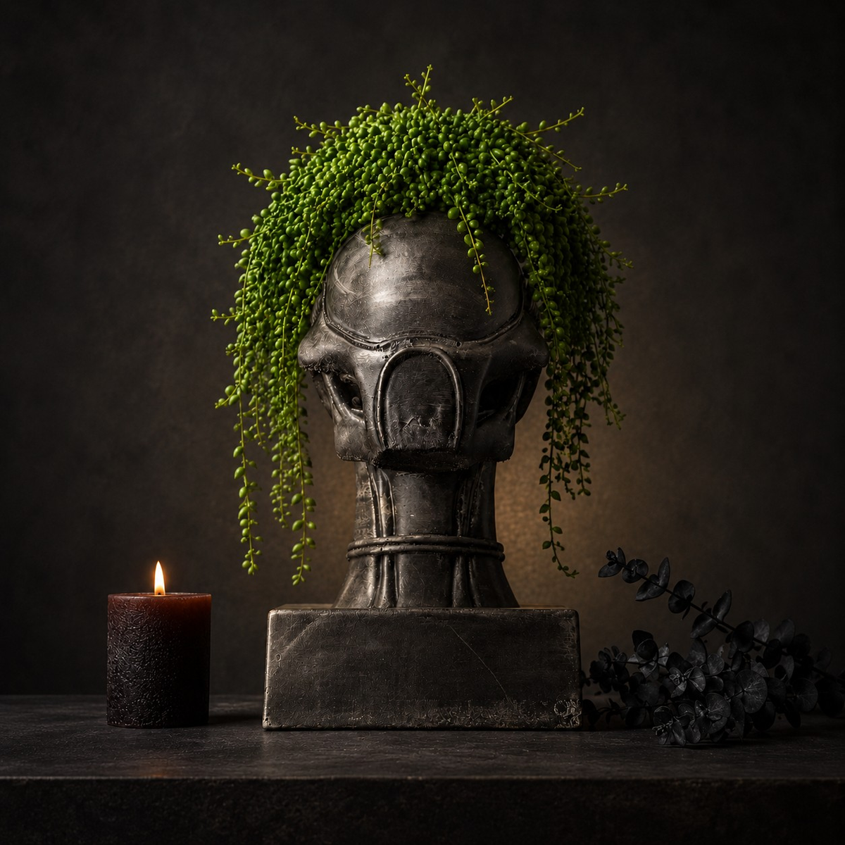 Xenophyte black cast stone planter with trailing green plant