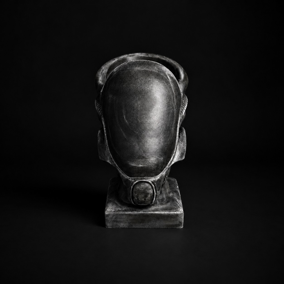 Front view of Xenophyte alien head planter in black cast stone