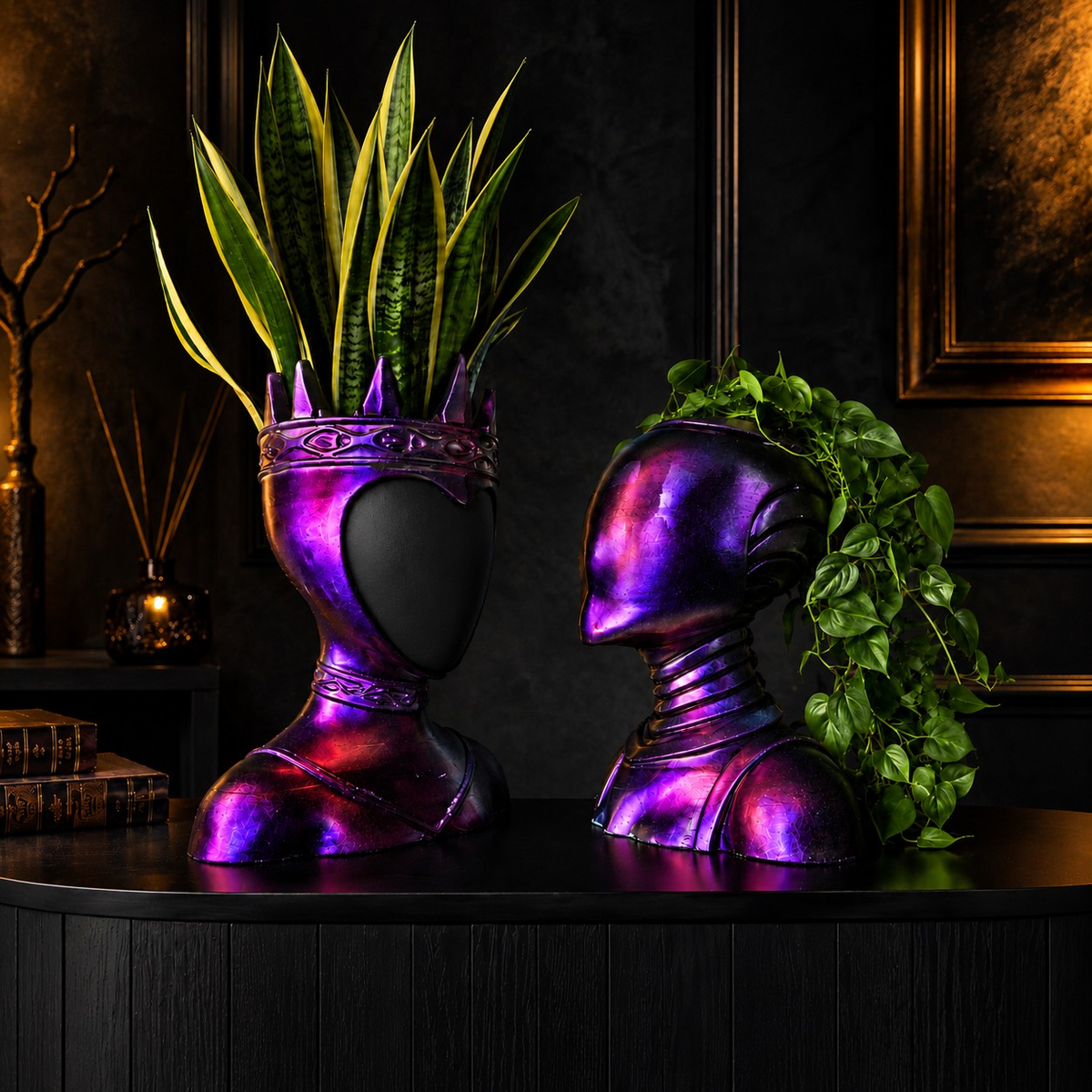 Queen and Oracle purple gothic planters styled with indoor plants