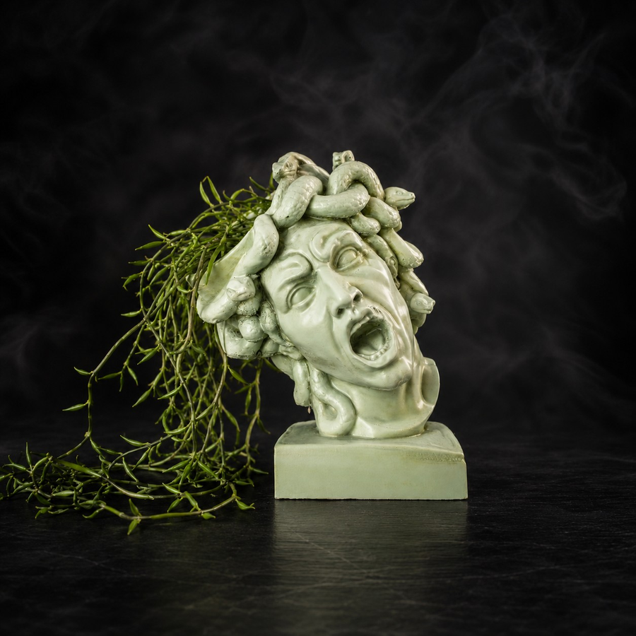 Medusa plant pot with trailing succulent plant on dark studio background