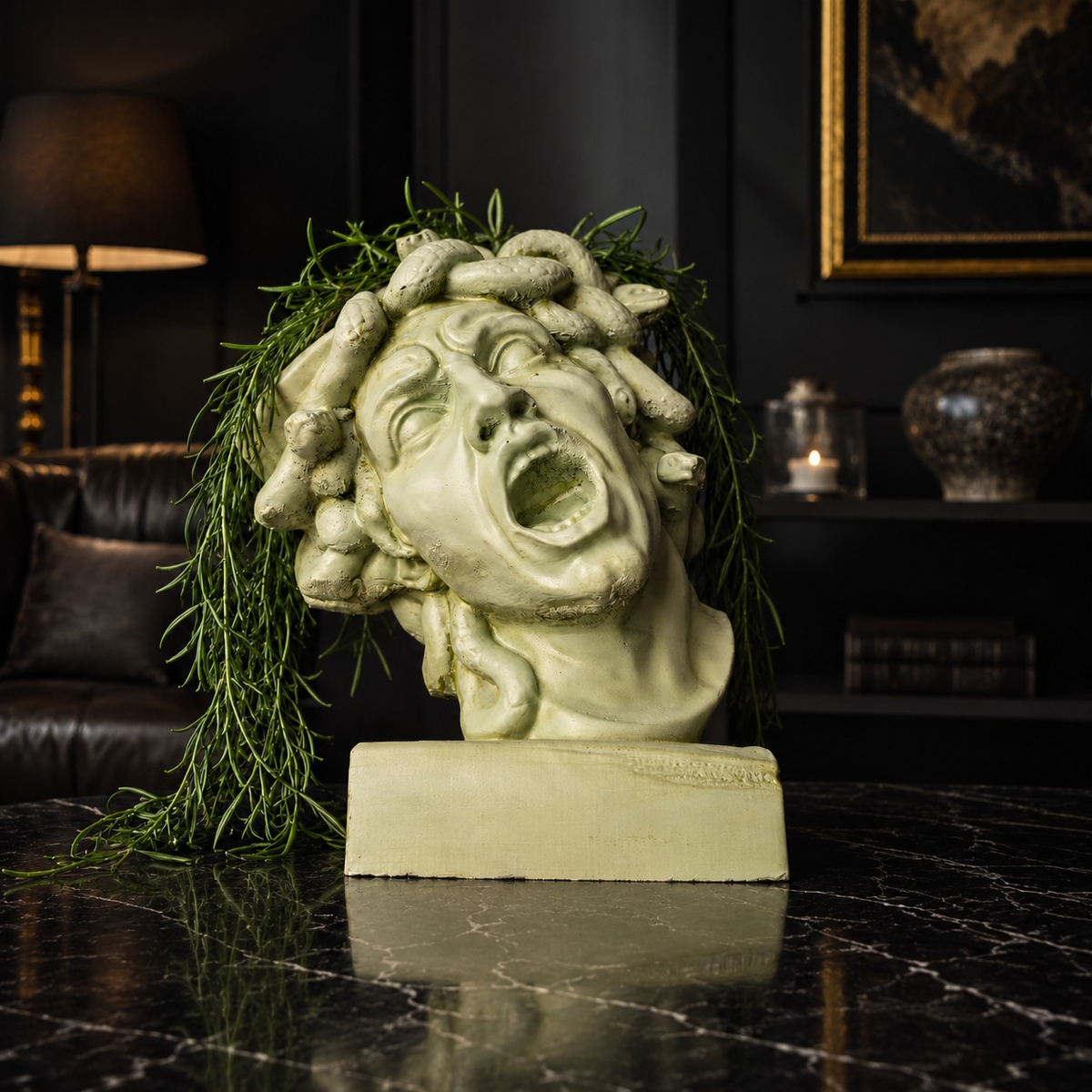 The Gorgon's Bloom cast stone plant pot in dark interior setting