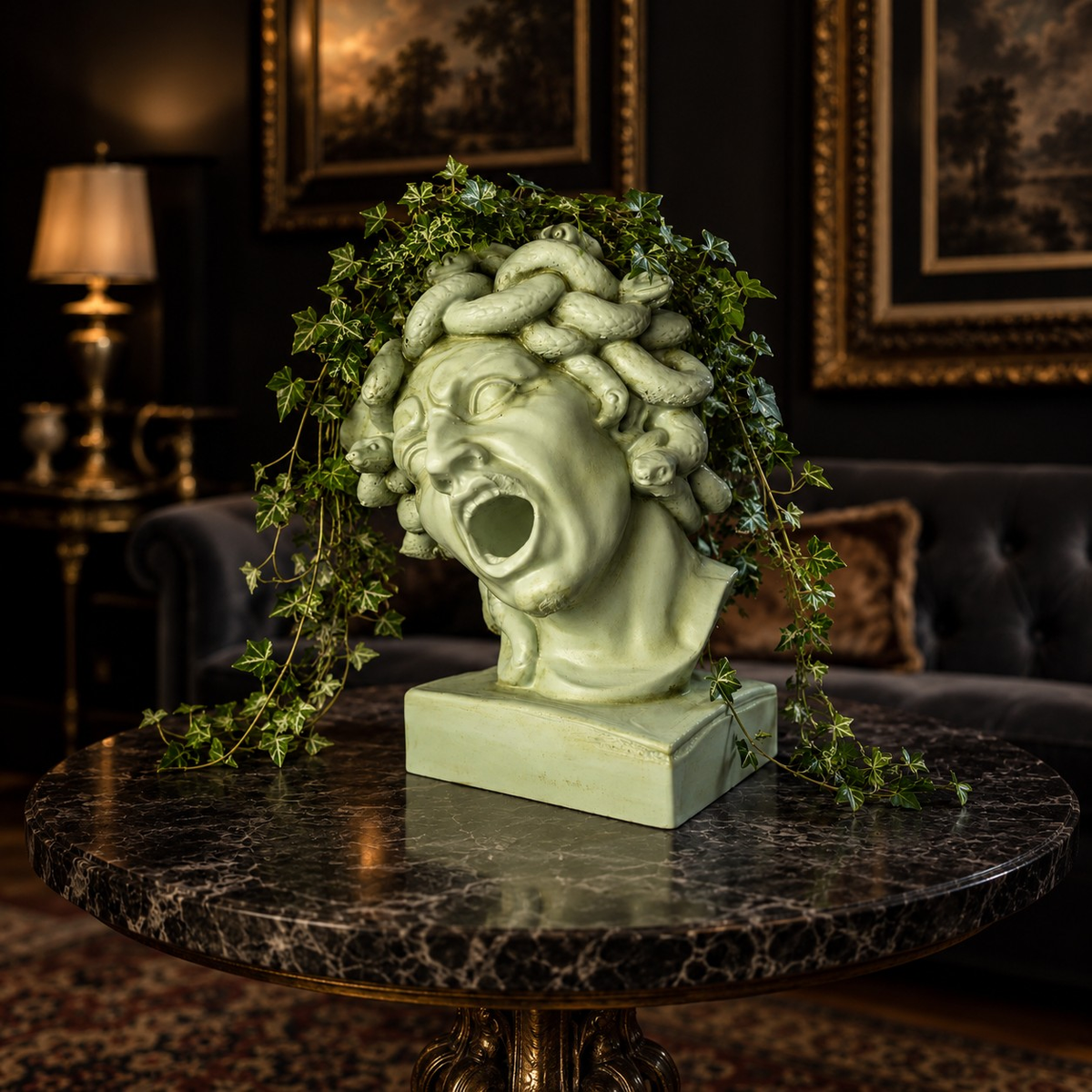 Medusa head planter styled indoors with ivy plant