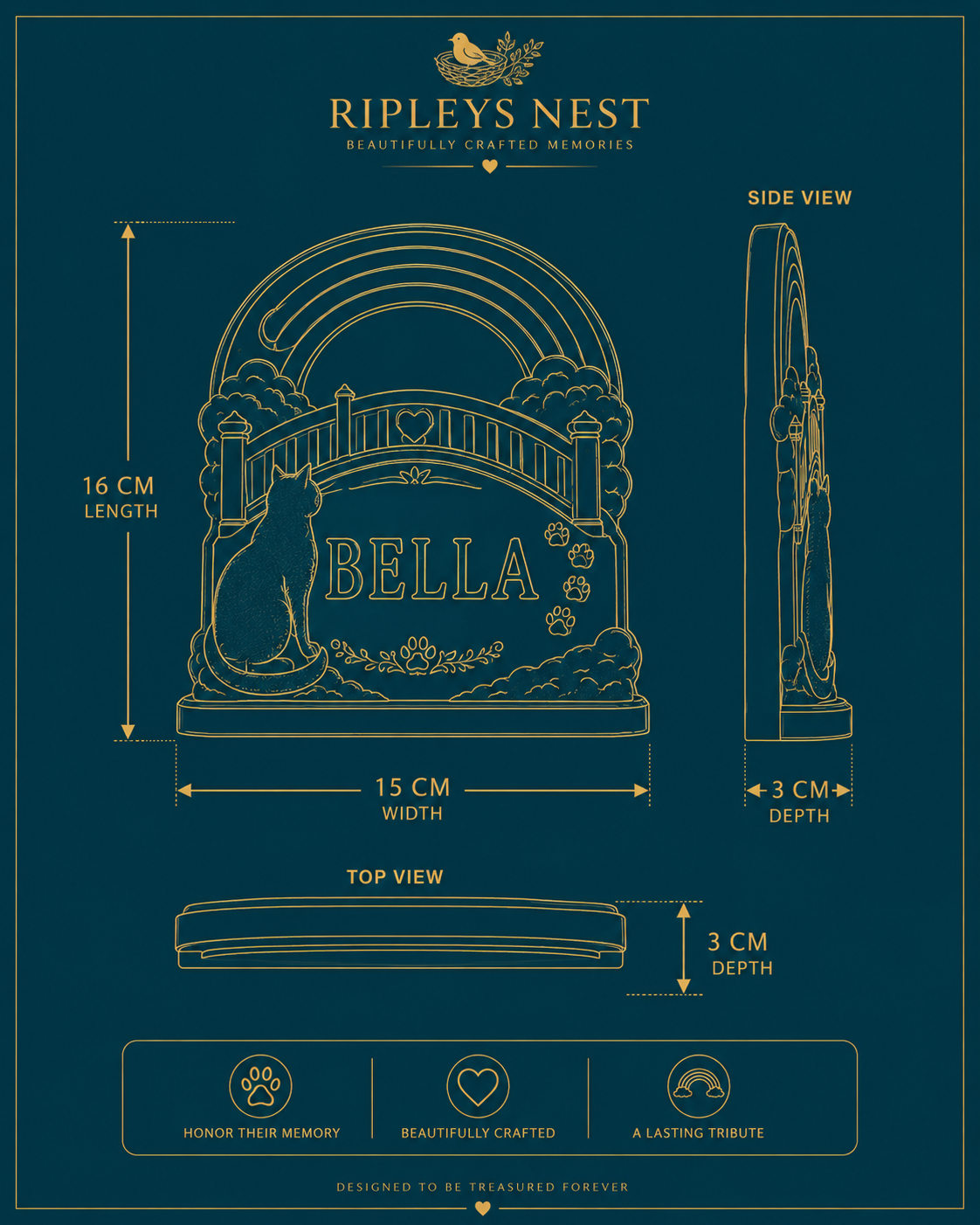 Dimensions diagram for personalised Rainbow Bridge cat grave marker showing 15 cm wide, 16 cm long and 3 cm deep
