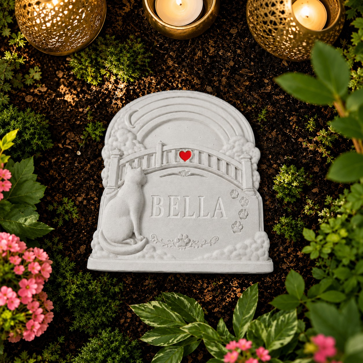 Personalised Rainbow Bridge cat grave marker in a garden memorial setting