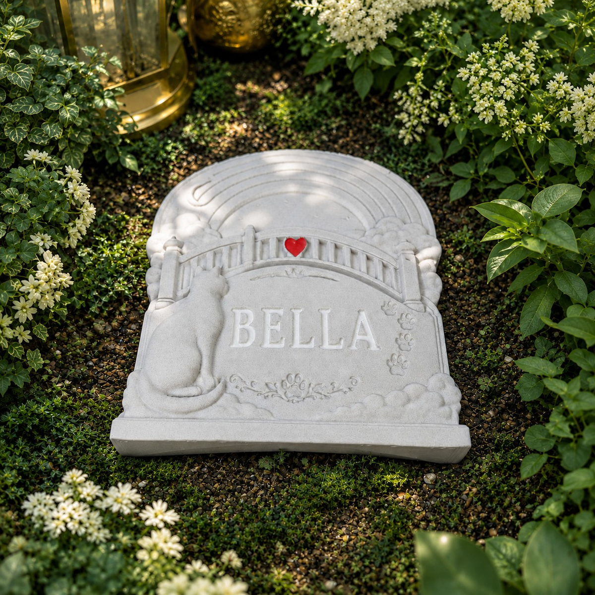 Personalised Rainbow Bridge cat grave marker with red heart detail outdoors