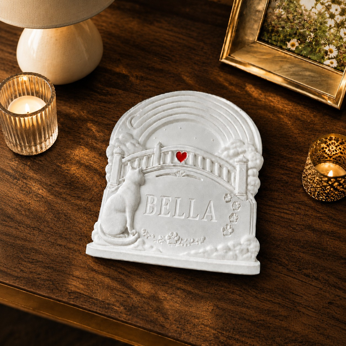 Personalised Rainbow Bridge cat grave marker displayed indoors on a wooden table