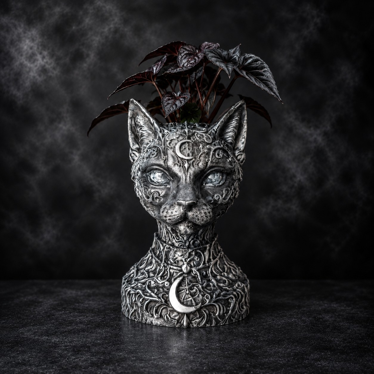 The Witch's Familiar Cat Planter shown front-facing with dark foliage