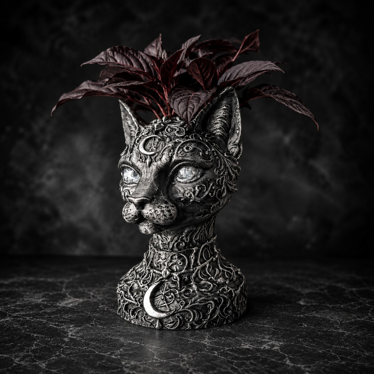 Three quarter view of gothic cat bust planter with planted foliage