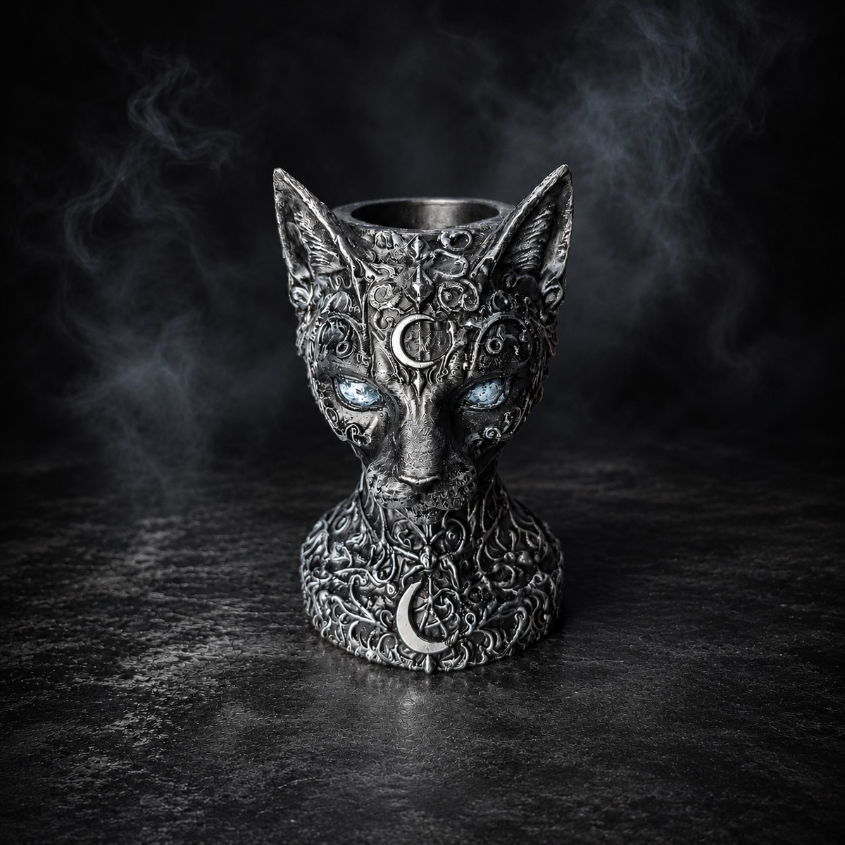 Front view of cat plant pot showing open top and moon details