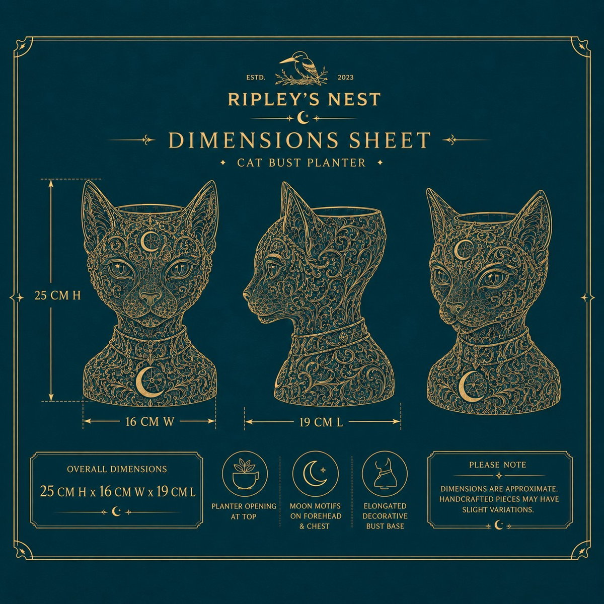 Dimension sheet for The Witch's Familiar Cat Planter showing 25 cm high by 16 cm wide by 19 cm long