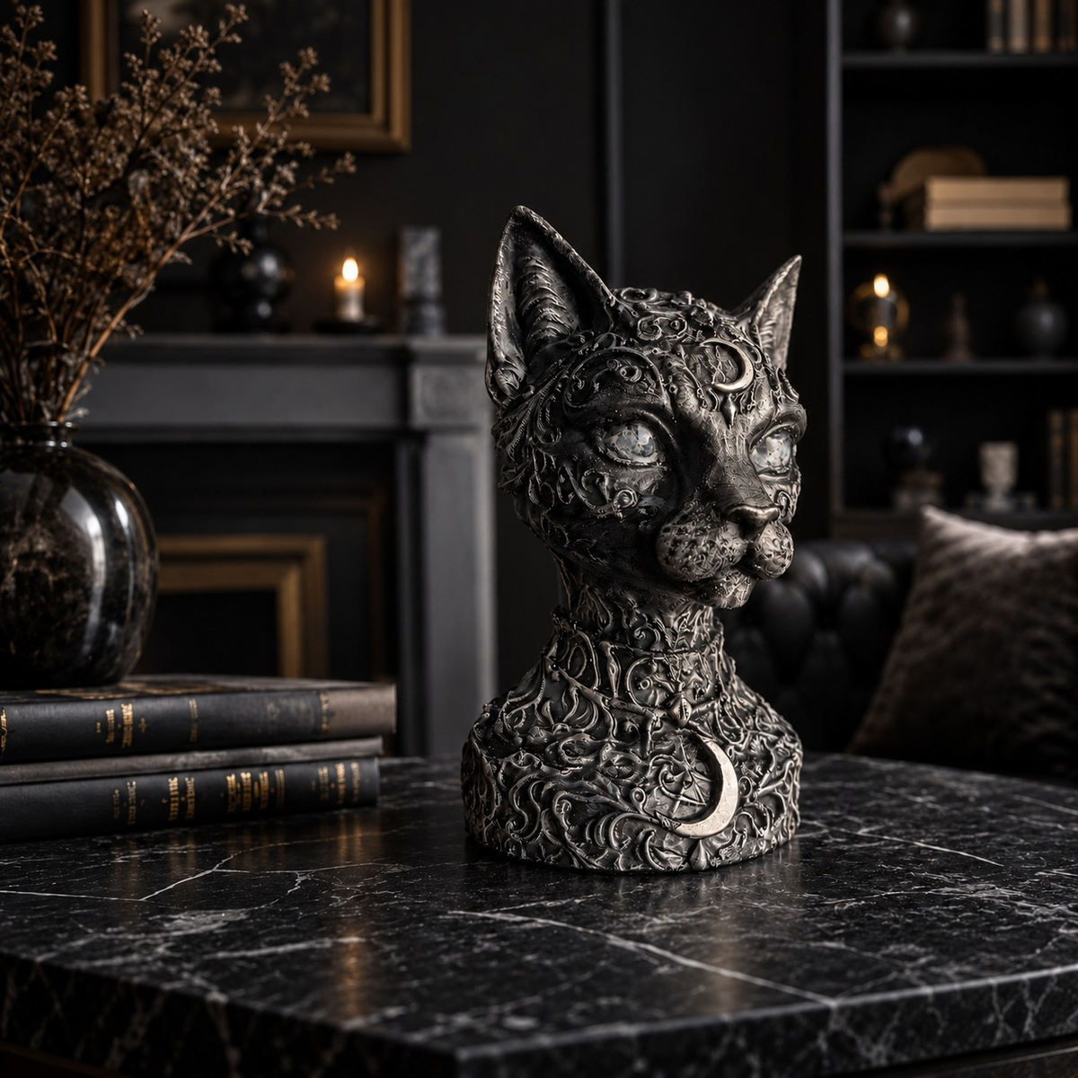 Lifestyle view of The Witch's Familiar Cat Planter on a dark interior table