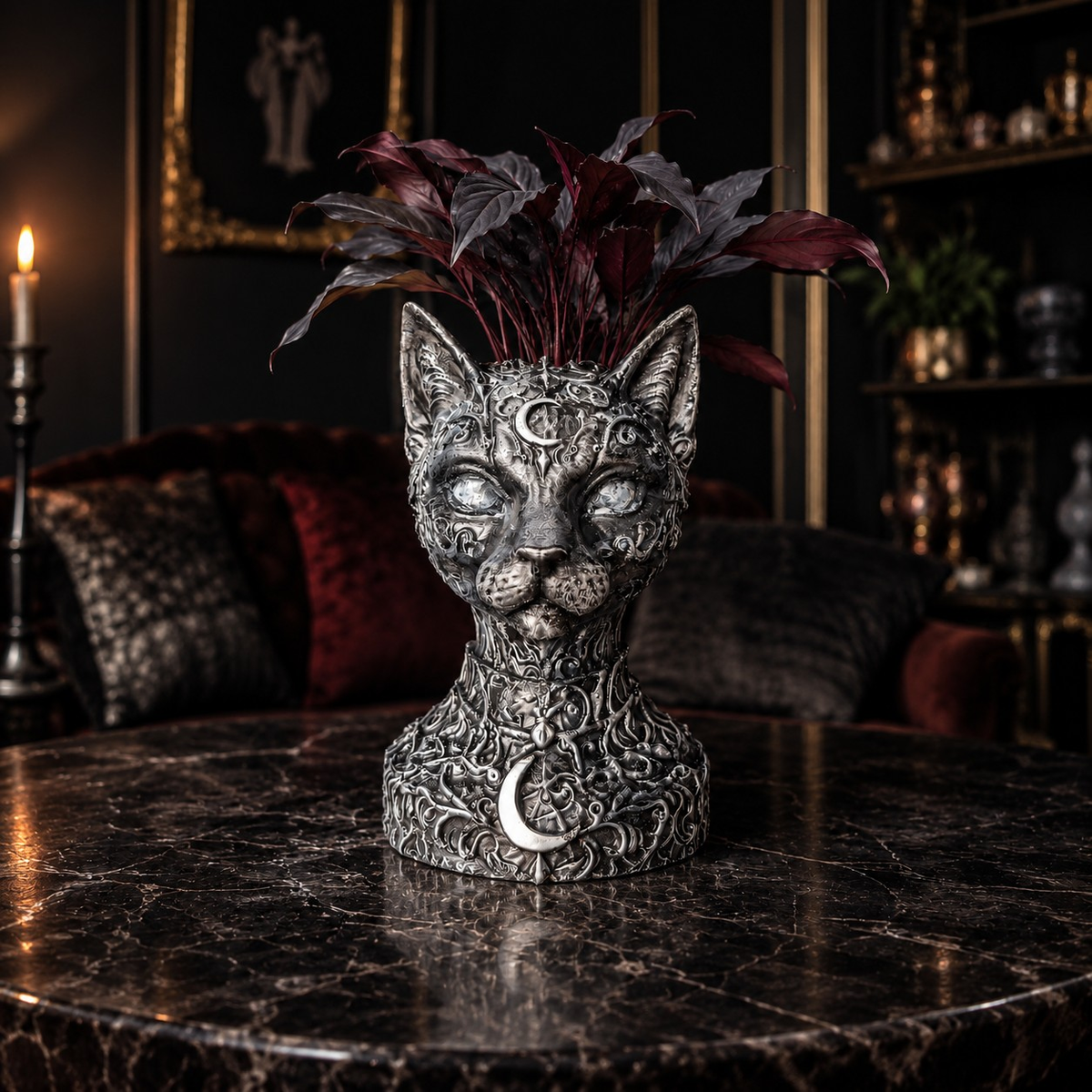 Cat bust planter styled with dark foliage in a gothic interior
