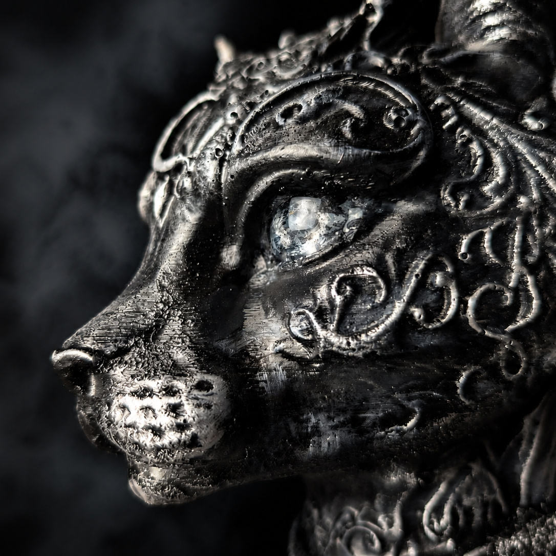 Close detail of sculpted cat face and pale eye finish