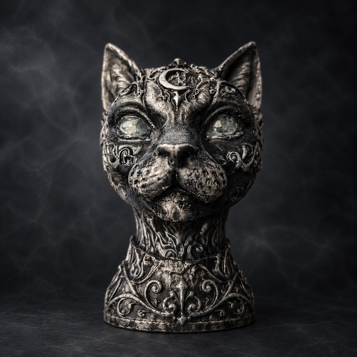 Close front detail of cat planter face with crescent moon forehead detail