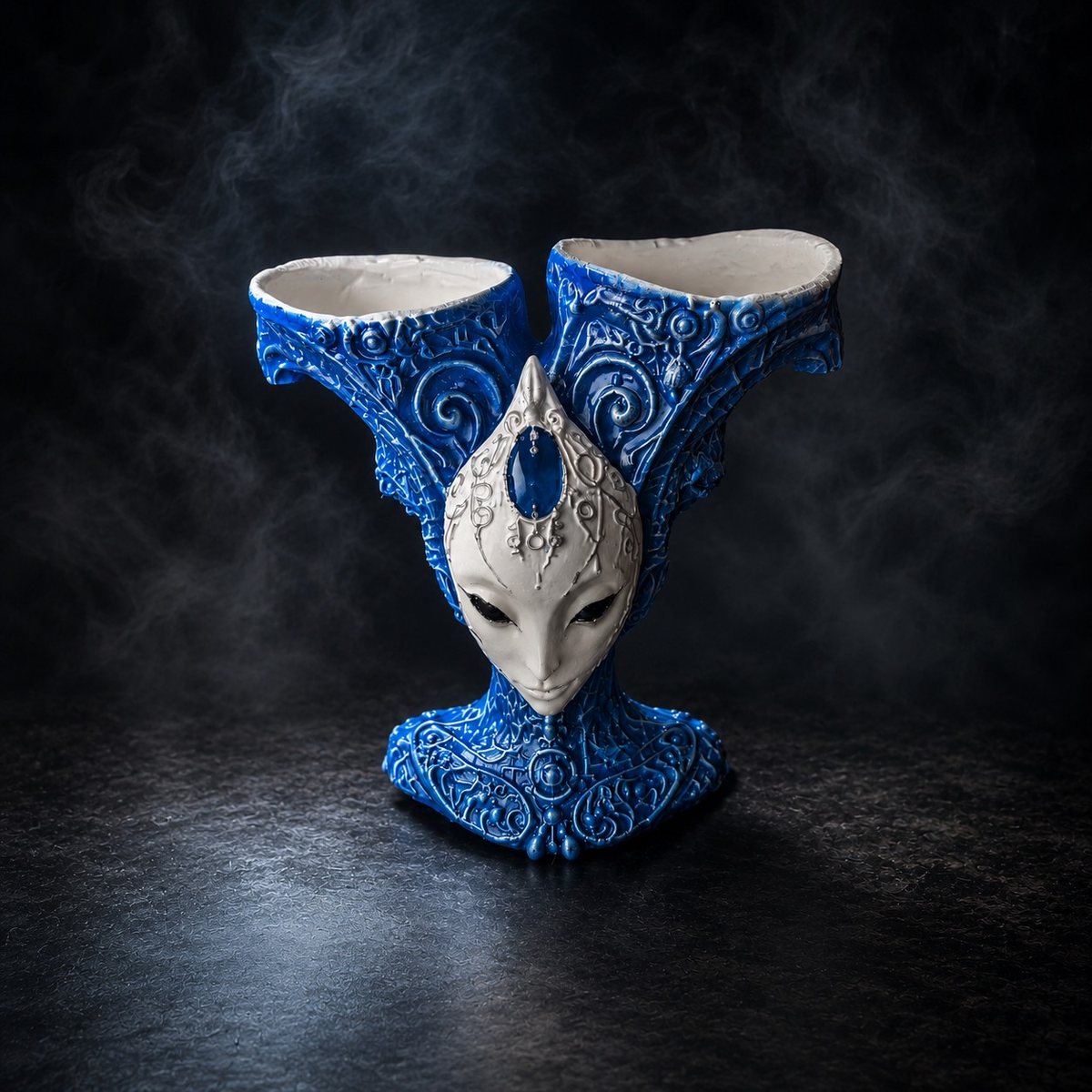 The Blue Trickster alien planter shown empty from the front
