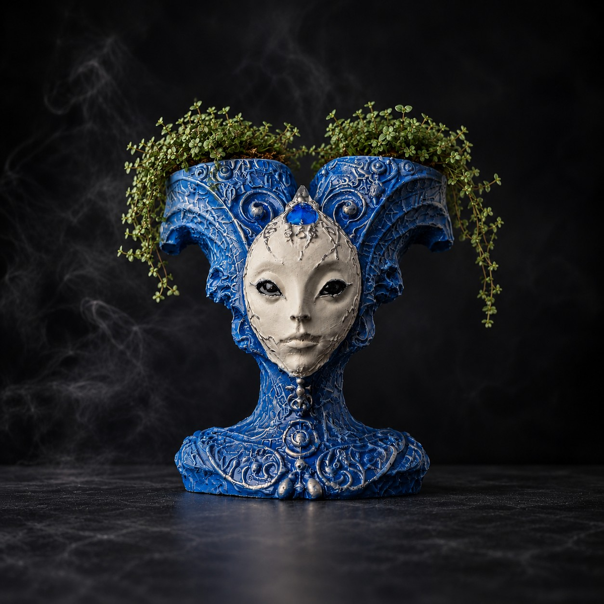The Blue Trickster alien planter styled with trailing green plants