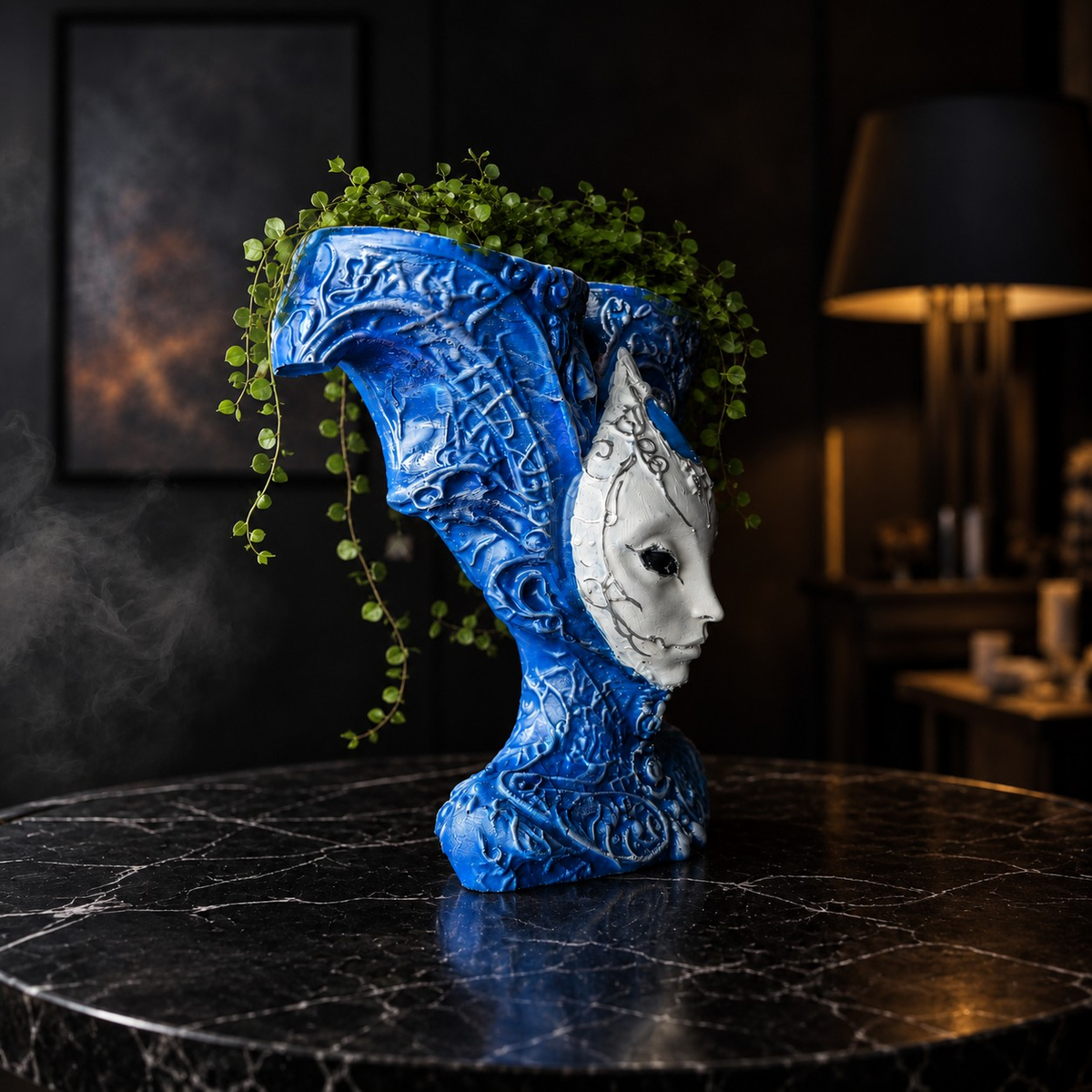 Side lifestyle view of The Blue Trickster blue alien plant pot