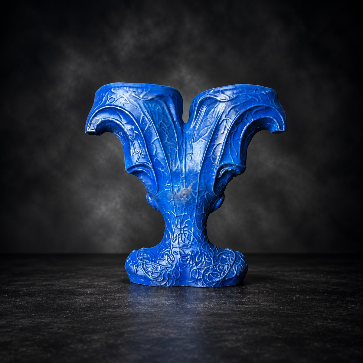 Rear view of The Blue Trickster showing the sculpted blue back detail