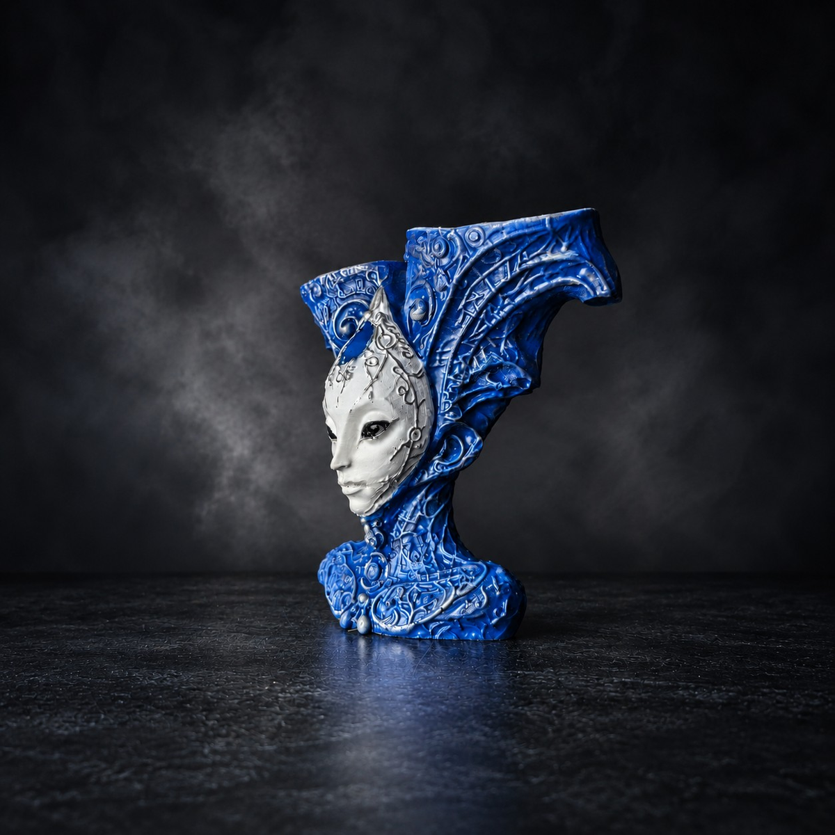Side studio view of The Blue Trickster alien bust planter