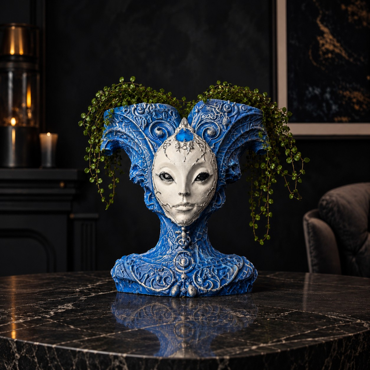 Front lifestyle view of The Blue Trickster planted on a dark table