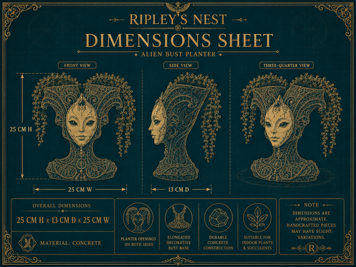 Dimension sheet for The Blue Trickster showing 25 cm high by 13 cm deep by 25 cm wide