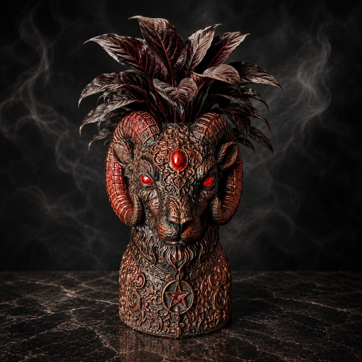 The Blood Moon Ram cast stone ram head plant pot with deep red and bronze gothic finish