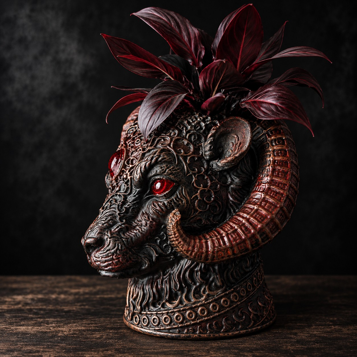Close detail of The Blood Moon Ram gothic ram planter with red eye detail and carved horns