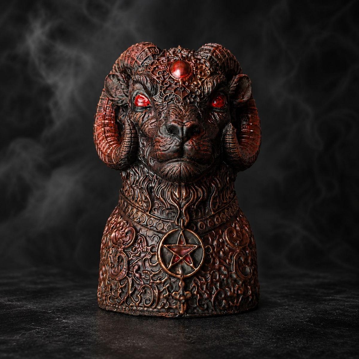 Front view of The Blood Moon Ram ornate cast stone plant pot with pentagram pendant detail