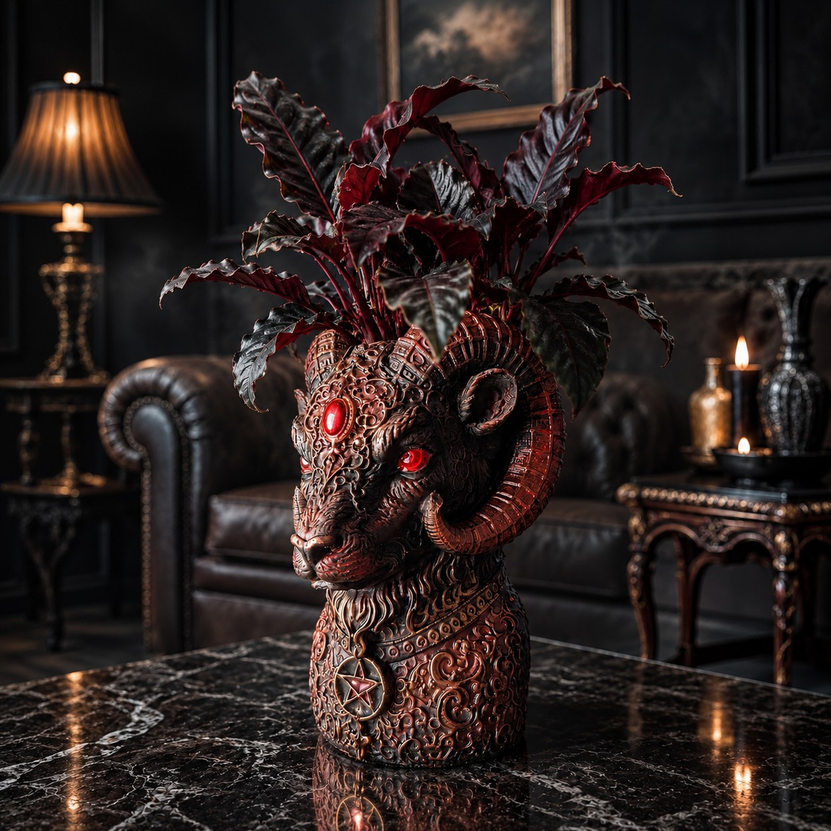 The Blood Moon Ram plant pot styled indoors with dark red foliage and gothic room setting