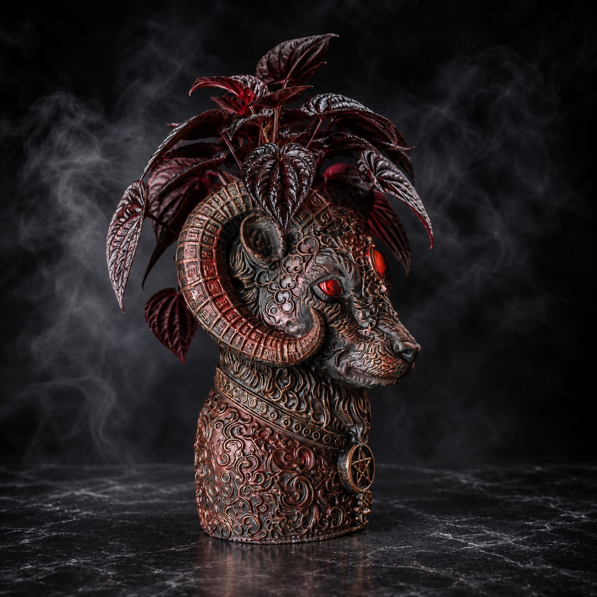 Side view of The Blood Moon Ram cast stone ram planter with curled horn and red eye detail