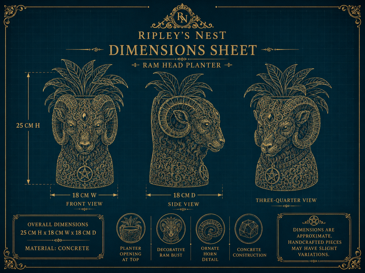 Dimensions sheet for The Blood Moon Ram planter showing 25cm high by 18cm wide by 18cm deep