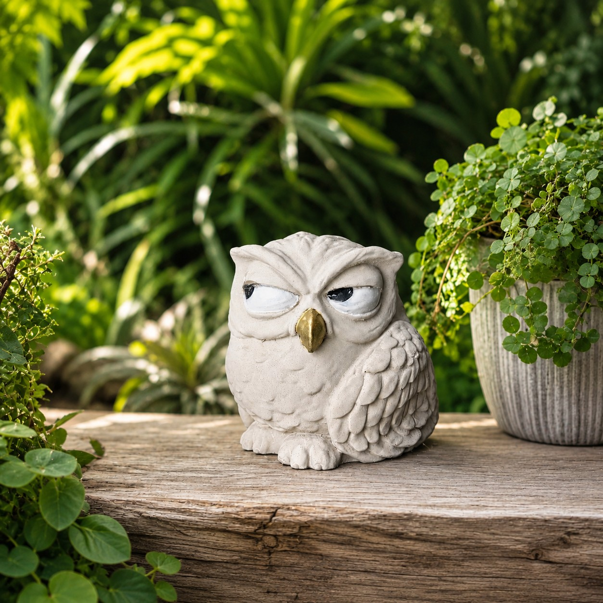 The Little Critic cast stone owl garden ornament with white body, gold beak and suspicious side-eye expression