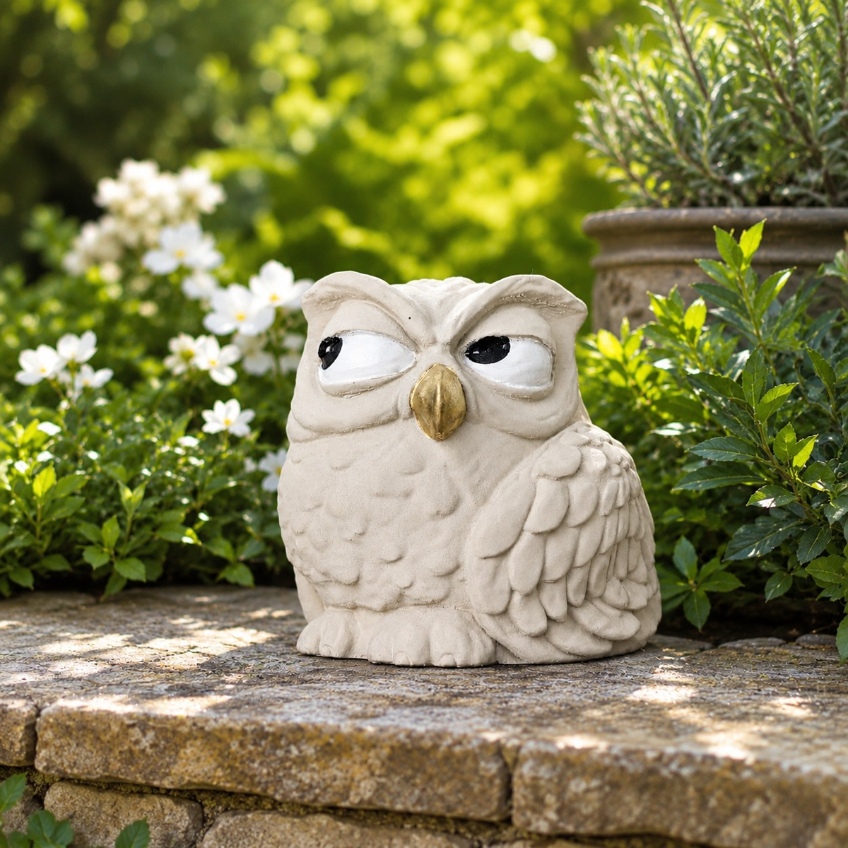 Front view of The Little Critic owl ornament with hand-painted eyes and gold beak in a garden setting